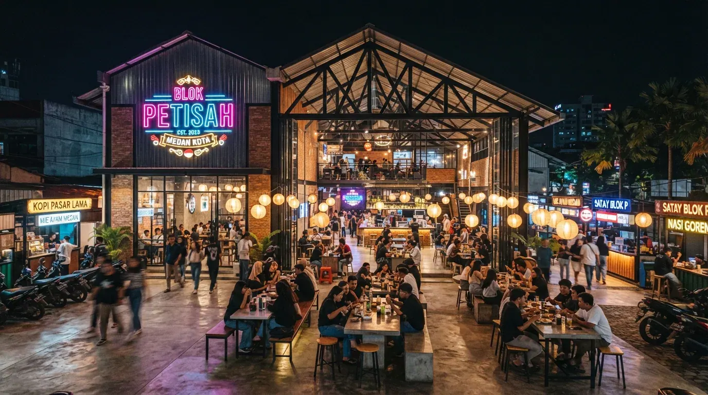 Suasana malam Blok Petisah dengan papan neon dan pengunjung di plaza terbuka