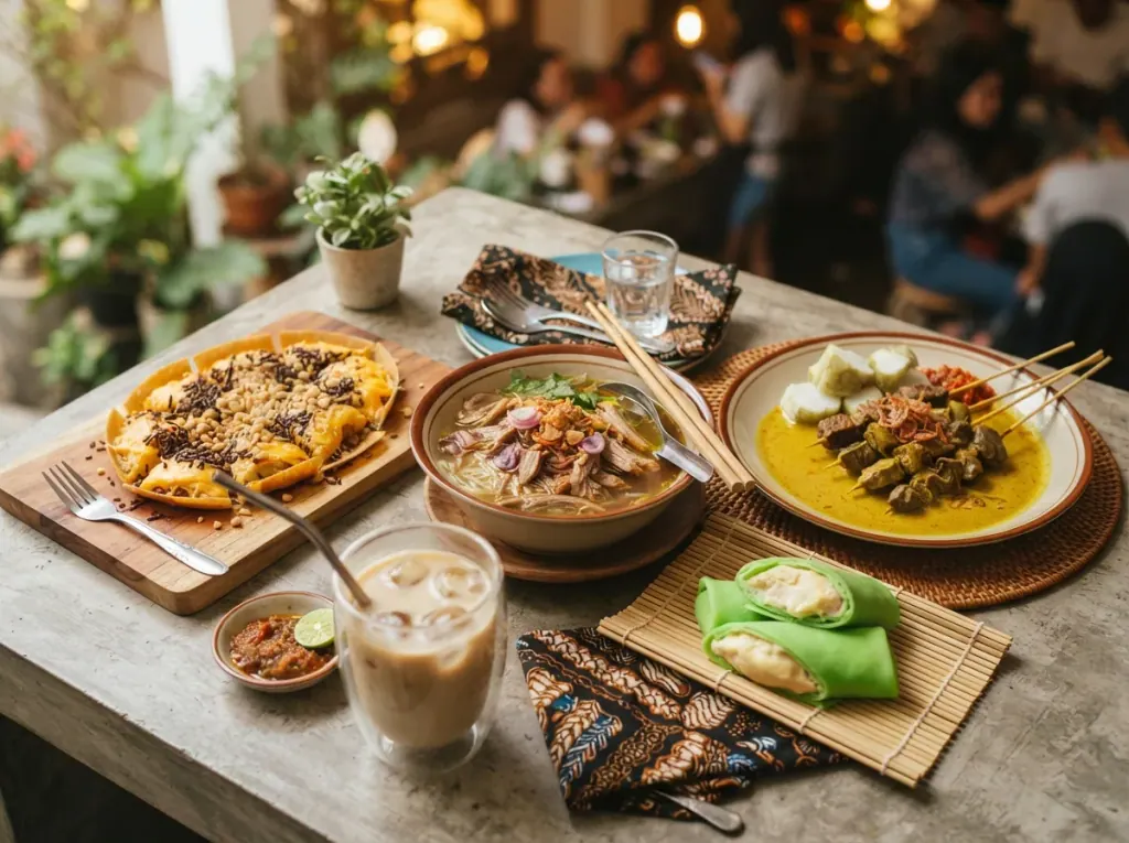 Martabak, soto, sate, dan es kopi khas Medan tersaji di meja beton
